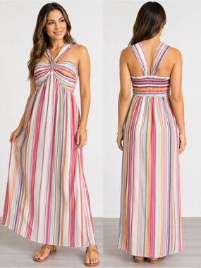 privy Pink Multi Striped Knot-Front Maxi Dress